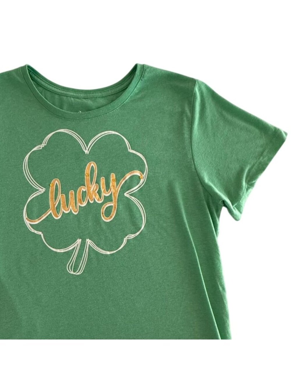 Lucky Shamrock Shirt Size L XL Green St Patricks Day Tee Hand Sewn Sequin